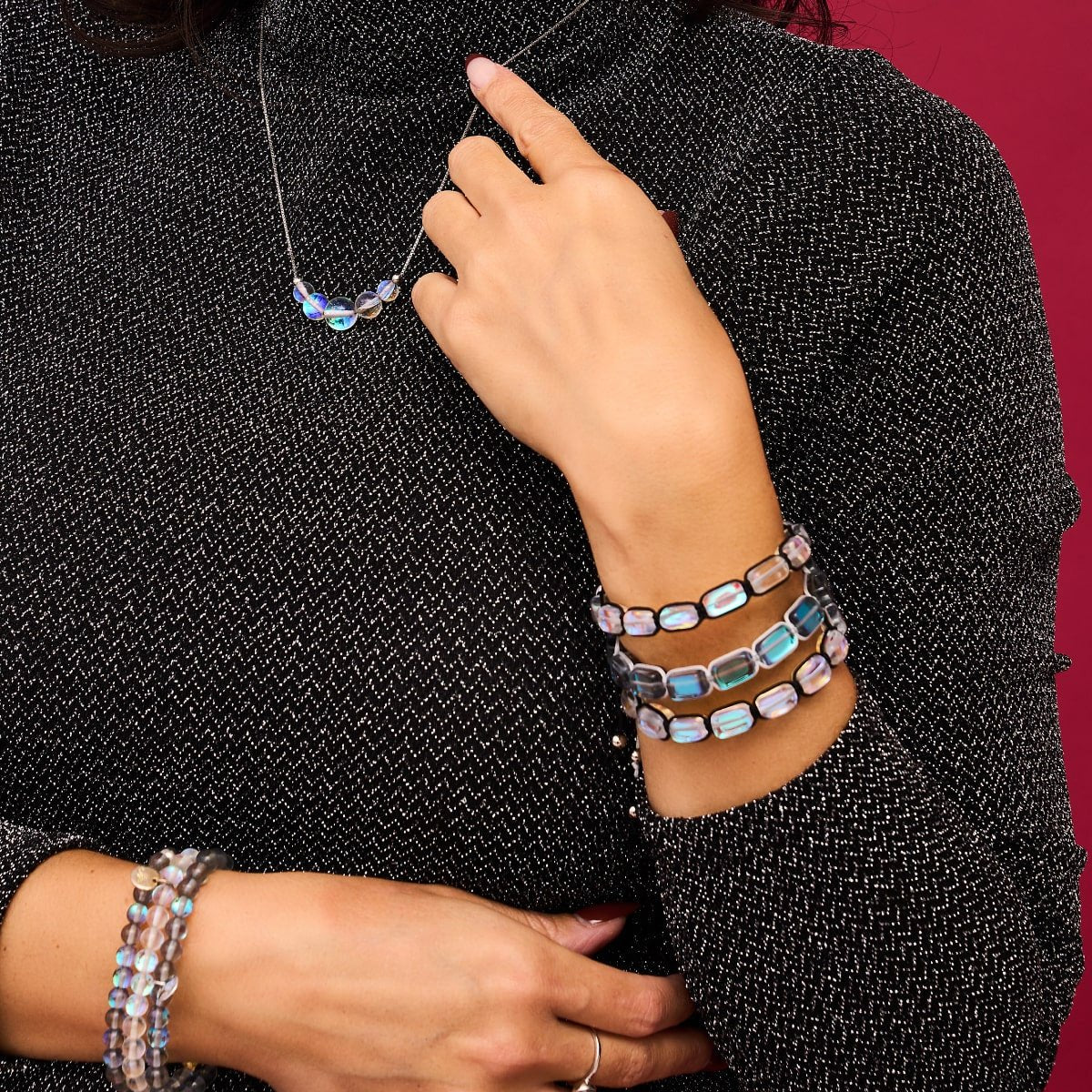 Rainbow Supernova | Silver | Galaxy Glass Pebble Macrame Bracelet